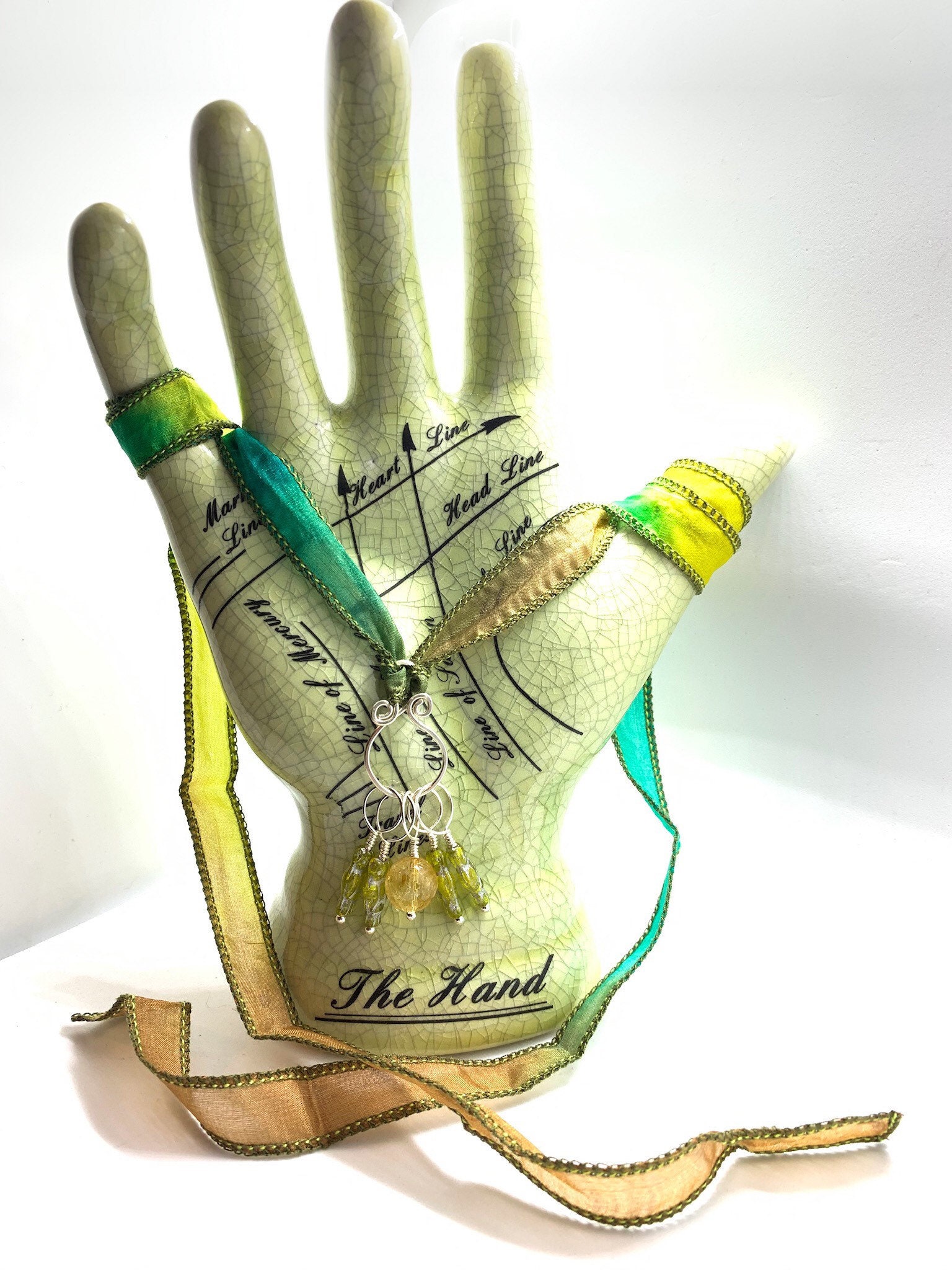 Knitters Stitch Marker Owls Charm Necklace With Natural Citrine And And Dyed Habotai Silk