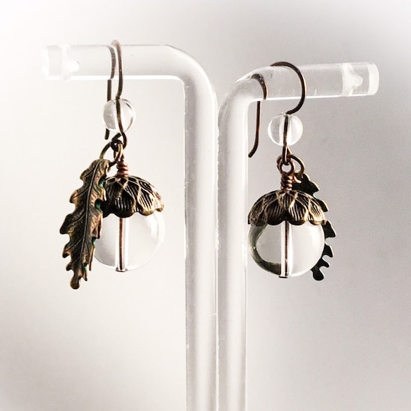 Oak King Earrings With Rock Crystal Acorns And Leaves In Antiqued Bronze With Niobium Ear-Wires. Yule Gift Jewelry