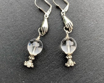 Fortune Teller Earrings With Clear Quartz Crystal Balls And Cast Pewter Hand. 925 Silver + Titanium Ear-wire Options
