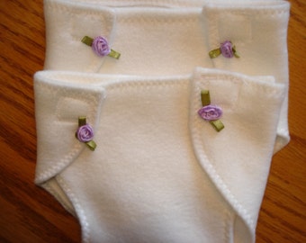 Set of 2  Diapers off white cream color soft fabric orchid color rosebuds 15 inch doll such as Bitty Baby