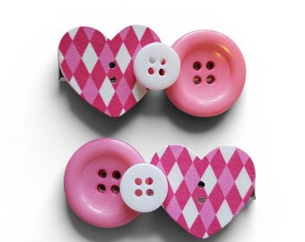 Valentine's Day Heart Button Hair Clip Set Pink White Hearts