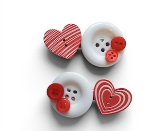 Valentine's Day Heart Button Hair Clip Set Red White Hearts