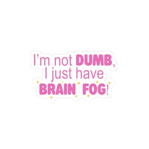 May include: A white sticker with pink text that reads "I'm not DUMB, I just have BRAIN FOG!" The word "DUMB" is in a darker pink, and "BRAIN FOG" is in a bubble font. Small yellow stars are scattered around the text.