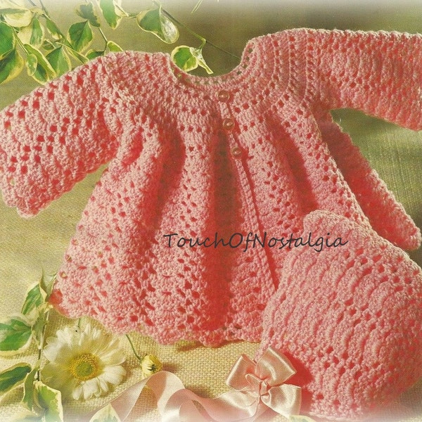 LACY Baby COAT/Bonnet Set Crochet Pattern - PRETTY Matinee Coat or Sweater / Matching Bonnet /