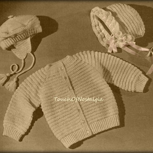 Crochet SWEATER Bonnet Pattern Puff-Stitch Sweater JACKET Cardigan Matching Ruffled Brim Bonnet or Saucy Beret - Sizes 1 and 2