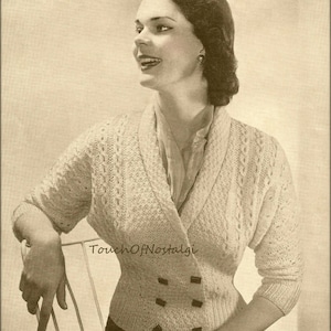 1940s DOLMAN Sleeve CARDIGAN Sweater Knitting Pattern WW2 Era  - Double-Breasted /  Shawl Collar / Unique Cable Pattern