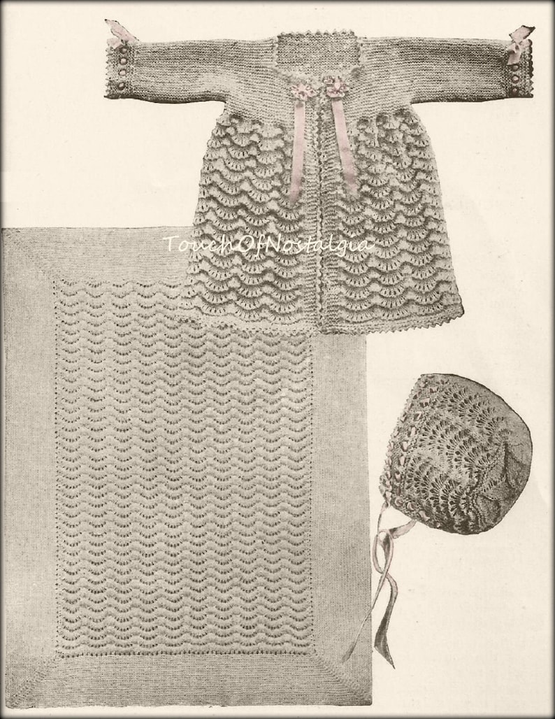 LACY Baby CARRYING Coat Bonnet Antique Knitting Pattern Long Lacy Baby Carrying Coat Matching BONNET Baby ShawlBlanketHeirloomChristening