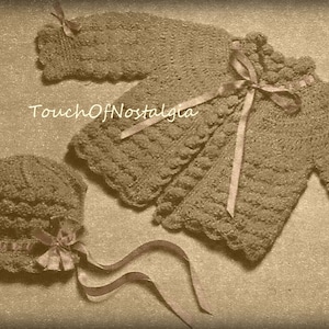 Baby SWEATER Set Crochet Pattern - LACY Cream PUFF Baby Sweater Coat Jacket With Matching Bonnet & Booties / Beautiful