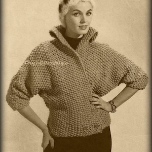 SKI Jacket / ANGORA Hat Knitting Pattern Vintage Stylish Sweater Jacket - Dolman Sleeves - Double Breasted / Sweater Knit / Hat is Crocheted