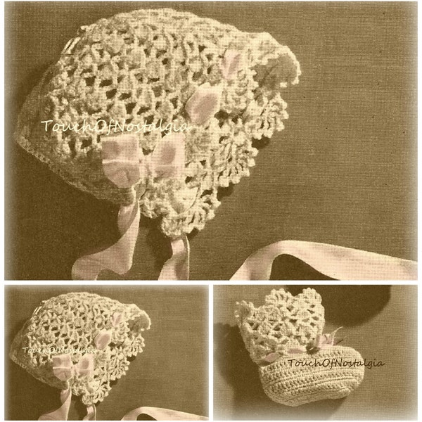 LACY Baby BONNET / Booties Crochet Pattern - LACY Baby Bonnet With Matching Booties / Heirloom Christening - Easter - Sunday Best