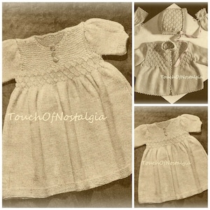 SMOCKED Baby DRESS/Coat Knitting Pattern - 2 Patterns Included - DAINTY Smocked Dress - Puff Sleeves / Smocked Baby Coat Bonnet Set