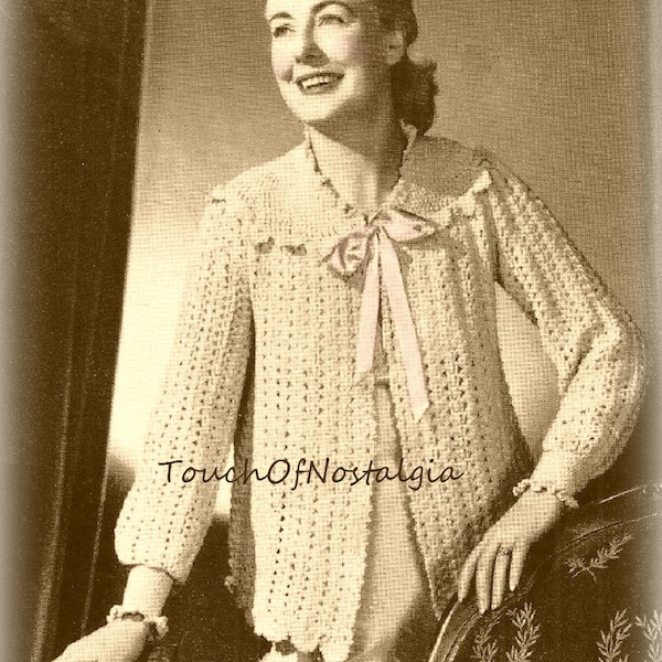 Crochet BEDJACKET Crochet Pattern - Lovely Bedjacket or Dressing Jacket - Lacy / Ruffles On Yoke Collar Sleeves - Very Feminine