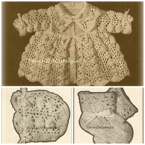 LACY Baby COAT Set Knitting Pattern - Dainty Baby Coat Sweater Jacket BONNET Bootie Socks / Beautiful Lacy Stitch Pattern