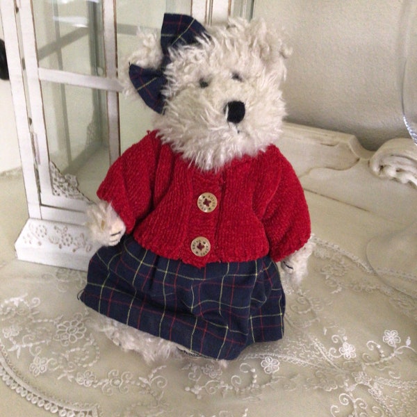 Vtg BOYD FLUFFY White BEAR Little Red Plaid Outfit with Navy Jacket Rare Collectible Small Size Very Charming