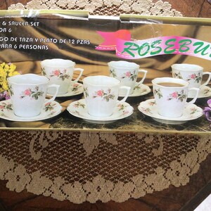 Set of 6 TEACUPS & Saucers Boxed Set Vintage PINK FLORAL Porcelain Style Set of 6 Lovely