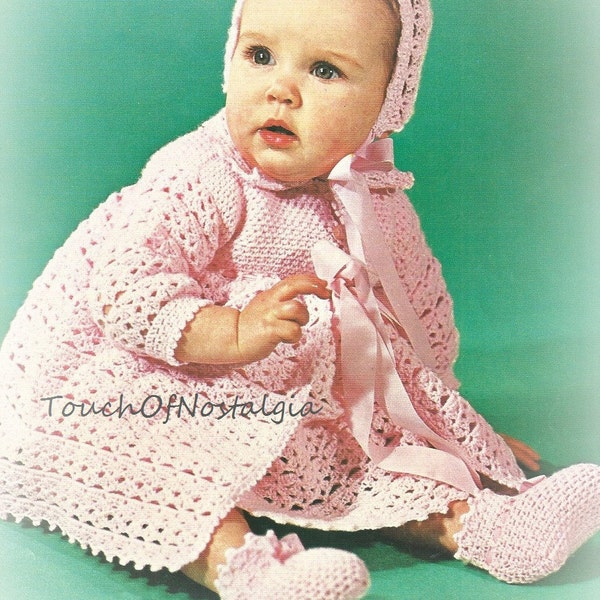 Crochet Baby DRESS/COAT Set Matching BONNET Booties Crochet Pattern - Dress With Long Matinee Coat / 2 Weight Yarn Option 3-Ply or 4-Ply