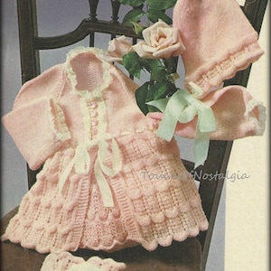 Baby DRESS/COAT Set Knitting Pattern Vintage - 4 Piece Set Lacy Dress, Matinee Coat Bonnet Booties / Special Occasion