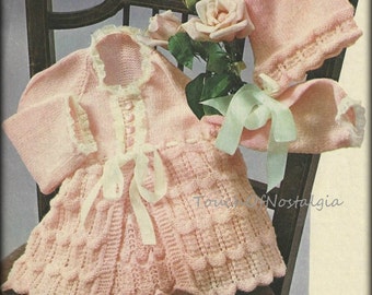 Baby DRESS/COAT Set Knitting Pattern Vintage - 4 Piece Set Lacy Dress, Matinee Coat Bonnet Booties / Special Occasion