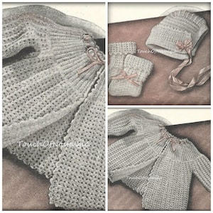 Crochet Baby SWEATER Set Crochet Pattern Pretty Baby Sweater Coat Jacket Matching BONNET Booties Blanket  / Very Pretty