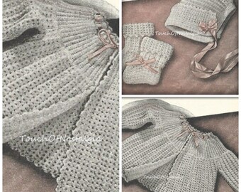 Crochet Baby SWEATER Set Crochet Pattern Pretty Baby Sweater Coat Jacket Matching BONNET Booties Blanket  / Very Pretty