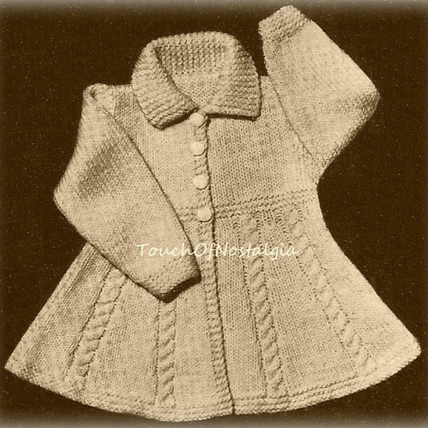 Flared DRESS COAT Vintage Knitting Pattern - Flared Dress Coat With CABLE Accents / Sizes 1 / 1 1/2 Yrs / 2 Yrs) - Very Charming