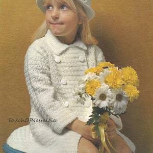 Crochet Girls COAT Hat Crochet Pattern  - Girls  Pretty TAILORED Double Breasted Style Matching Hat / 3 Sizes / Very Pretty