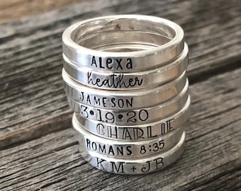 Sterling Silver Stacking Name Rings, Mother's Rings, Stackable Hand-stamped Metal Name Rings, Thumb Rings, Roman Numerals, Heart