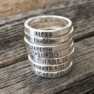 Sterling Silver Stacking Name Rings, Mother's Rings, Stackable Hand-stamped Metal Name Rings, Thumb Rings, Roman Numerals, Heart image 1