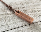 Personalized bar pendant on knotted chain Hand-stamped metal necklace 4 sided bar mother 39 s necklace, birth stats, kids names