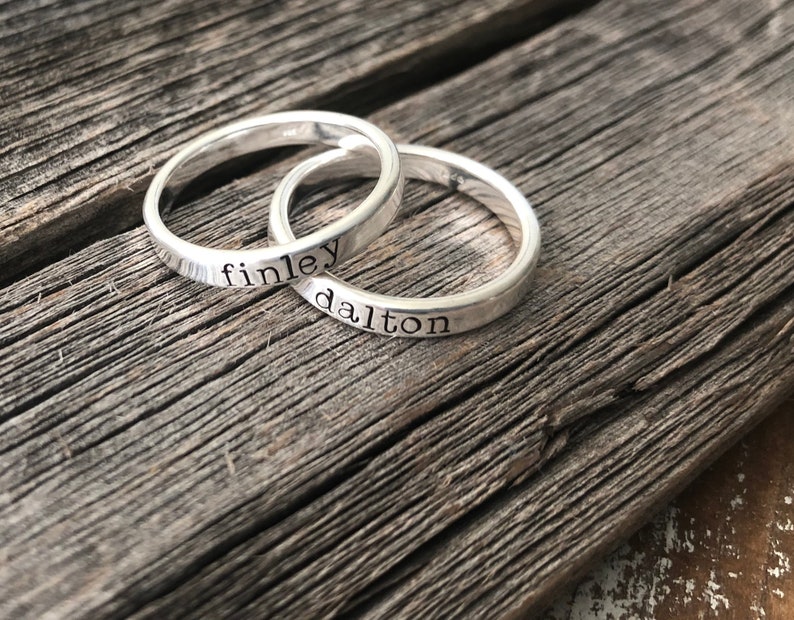 Sterling Silver Stacking Name Rings, Mother's Rings, Stackable Hand-stamped Metal Name Rings, Thumb Rings, Roman Numerals, Heart image 4