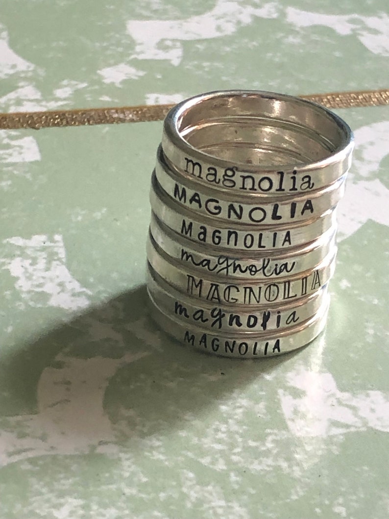 Sterling Silver Stacking Name Rings, Mother's Rings, Stackable Hand-stamped Metal Name Rings, Thumb Rings, Roman Numerals, Heart image 6