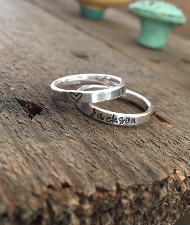 Sterling Silver Stacking Name Rings, Mother's Rings, Stackable Hand-stamped Metal Name Rings, Thumb Rings, Roman Numerals, Heart image 3