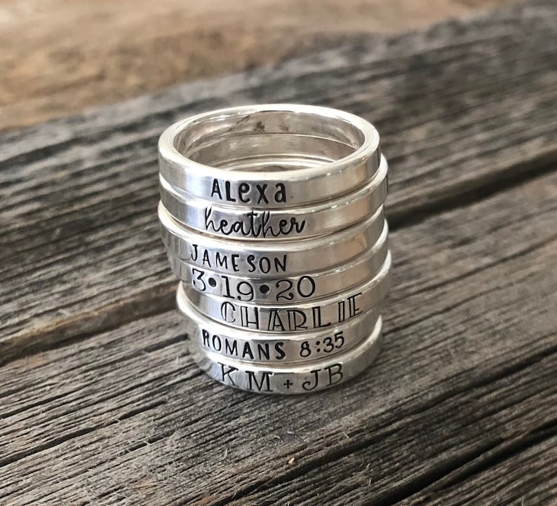 Sterling Silver Stacking Name Rings, Mother's Rings, Stackable Hand-stamped Metal Name Rings, Thumb Rings, Roman Numerals, Heart image 1