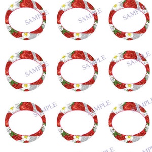 May include: Nine round 2-inch diameter printable labels featuring a white oval in the center surrounded by a red strawberry design with white flowers. The labels are for use on jars or containers.
