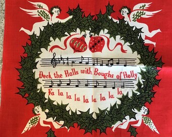 Paño de cocina de lino / Tammis Keefe / NOS Vintage Deck The Halls Tema navideño