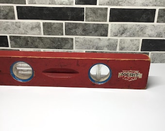 Vintage Wood Carpentry Level, Merit Brand Made In USA, Red Wooden Level