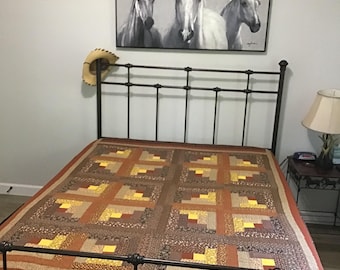 Vintage Log Cabin Quilt, Farmhouse Cottage Decor, Brown Calico Handmade 84” by 69”