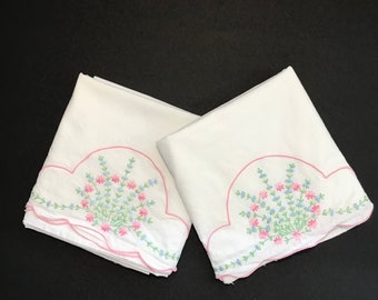 Hand Embroidered and Crocheted Pillowcase Set of Flowers