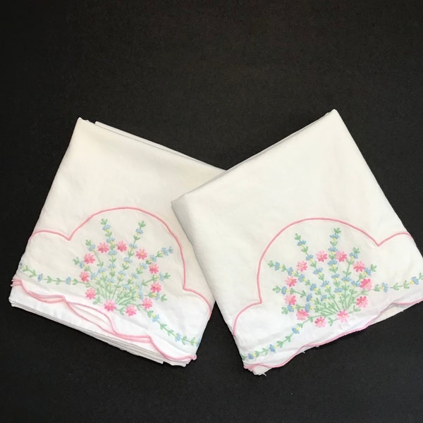 Hand Embroidered and Crocheted Pillowcase Set of Flowers