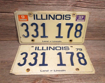 Illinois License Plate 1979, Set or Single, Blue and White