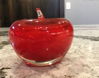 Vintage Glass Apple Art Glass, Paper weight, Red Glass Clear Glass, Teacher Gift, Desk Decor