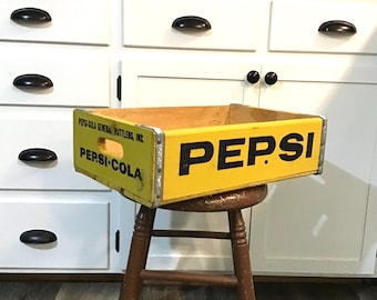 Yelliw Pepsi Crate, Vintage Soda Pop Bottle Wood Carrier Tray A1