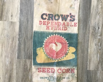 Vintage Seed Sack Crow’s Hybrid Corn Co. Milford, Illinois, Nevada, Iowa, Seed Corn, Feed Sack