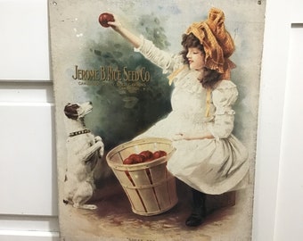 Jerome B. Rice & Co., Cambridge Valley Seed Gardens, New York Tin Metal Sign Speak For Them, Dog Begging Girl for an apple