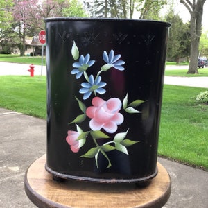 Vintage Metal Trash Can, Black with Pink and Blue Flowers, Detecto Wastebasket