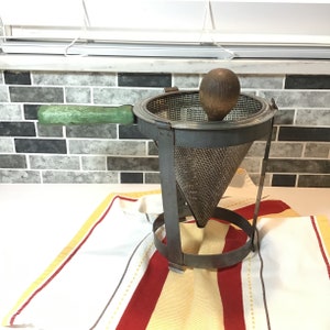Metal Tripod Sieve with Wood Pestle and Wood Handle - Canning Strainer - Vintage Berry Muddler