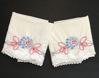 Hand Embroidered and Crocheted Pillowcase Set of Flowers and Ribbons