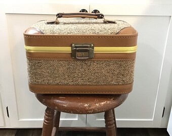 Vintage Train Case in Brown Tweed, Makeup Case, Travel Luggage, Mirror and Pouch