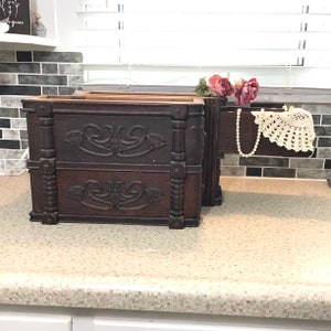 Two Sets of Sewing Machine Drawer Stack, Ornate Carved Wood Drawers,