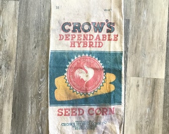 Vintage Crow’s Hybrid Corn Seed Sack, Rooster Seed Corn, Crow’s Hybrid Corn Co. Milford, Illinois, Nevada, Iowa